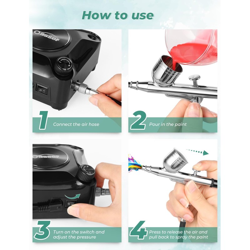 Oasser Airbrush Kit with Air Compressor, Dual Action 40 PSI