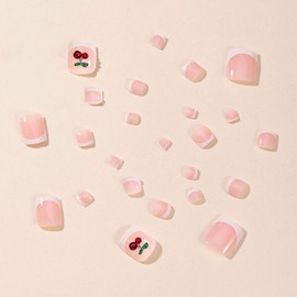 24Pcs Press on Toenails, French Tip Fake Toe Nails with 5D Cherry Charm Design Short Square Glue on Toenails Cute Nude Pink Acrylic Toenails Full Cover White Tips False Toe Nails for Women Girls