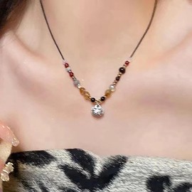 Inilbran Boho Longevity Lock Pendant Necklace Vintage Peony Lock Bead Necklace Brown Beads Cord Rope Necklace Adjustable Fortune Lock Choker Necklace Jewelry for Women