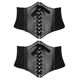 TheStriven Pack of 2 Lace-Up Belt Tied Waspie Belt Bandage Elasticity Leather Corset Waist Belt Women's Lace Corset Leather Belt Elastic Tied Waist for Parties, black
