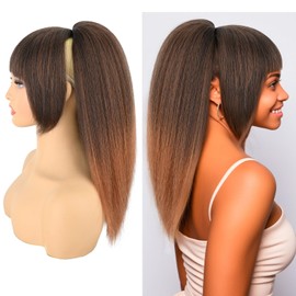 Allyreetress Ponytail with Bangs for Black Women ，Yaki Drawstring Ponytail Extension， Clip-in Bangs, Natural-Looking Ponytail Wig for Daily & Party(T1B/30 Dark root auburn brown ombre)