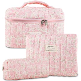 AMZMA Quilted Makeup Bag Set, Cute Floral Cotton Cosmetic Bag, Coquette Makeup Pouch Large Travel Toiletry Bag, Red flowers, Cute