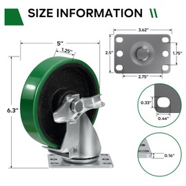5" Industrial Caster Wheels, Heavy Duty Casters, Premium Polyurethane Tread Cast lron Center, Non-Marking, for Cart, toolboxes, Set of 2,Total Load Capacity 1100LBS(2 Brake)