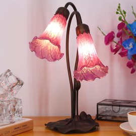 ANYONGLU Lily Lamp Tiffany Style Table Lamp 15 Inch Tall Tulip Flower Accent Desk lamp with Lotus Leaf Base (2-Light/Purple)