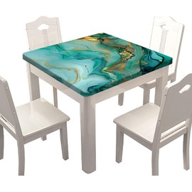 Marble Fitted Tablecloths Square, Gold Green Marble Elastic Edge Home Decor Table Cover Washable Polyester Tablecloth for for Family Party Patio BBQ Use, Fits 36" x 36" Square Table