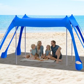 FAHKNS Beach Tent, Camping Sun Shade UPF50+ with 8 Sandbags, Sand Shovel, Ground Spikes and Stabilizer Poles, 10x10ft Beach Sunshade, Beach Tent for Camping, Fishing and Picnicking (Blue)