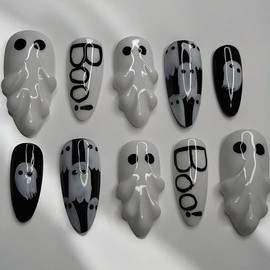 30Pcs Halloween Press on Nails Medium Almond Fake Nails with 3D Ghost Designs Black White Ghost False Nails Full Cove Acrylic Stick on Nails Horror Halloween Nail for Women Manicure Decor Accessories