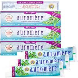 Auromere Pasta dental ayurvédica a base de hierbas, sin menta, vegano, natural, sin OMG, sin fluoruro, sin gluten, con neem y peelu (4.16 onzas), paquete de 3