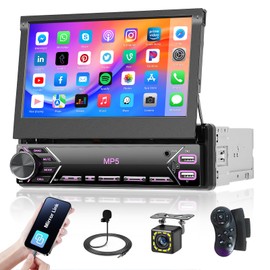 [Stable] Hikity Carplay flip Out Single Din Car Stereo, 7 Inch Touch Screen 1080P HD Single Din Car Stereo Aadio Receiver Support SWC, Mirror Link, FM/EQ, Dual USB/Type-C, Free Backup Cam, Mic