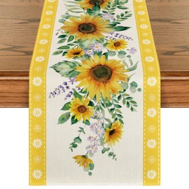 Sunflower Leaves Flowers 210 GSM Summer Table Runner, Seasonal Kitchen Dining Table Decoration for Home Party Decor 13x90 Inch