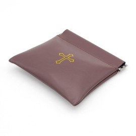 Squeeze Top Rosary Pouch Brown Faux Leather with Cross Imprint