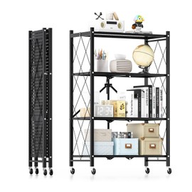HealSmart Heavy Duty 4-Tier Foldable Metal Rack, 14.96" D x 27.95" W x 49.61" H Storage Shelving Unit 1000 lbs with Wheels Moving Easily Organizer Shelves Great for Garage Kitchen, Black