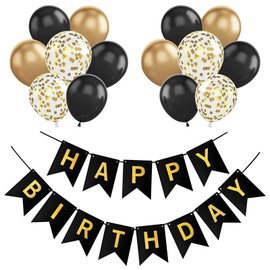 Mynoozi Happy Birthday Banner, Black Gold Birthday Decoration Set with 20Pcs Balloons and 2Pcs Ribbons, Birthday Balloons Decorations for Men, Boys, Women and Girls