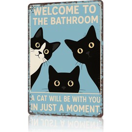 Funny Vintage Black Cat Decor Plaque - "Welcome To The Bathroom Cat Sign" Retro Bathroom Metal Tin Sign - Aluminum Metal Plaque For Restroom Decor 8x12in