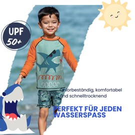 UMELOK Boys' Swimming Set UPF 50+, Two Piece Rash Guard and Swimming Shorts with Cute Animals Motif, Sun Protection for Children, Turquoise Blue and Orange