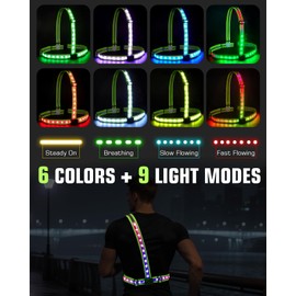 Zacro Reflective Running Vest with 9 RGB Modes, 500LM High Visibility Chest Light for Runners, Rechargeable Light Up Running Gear for Night Safety Cycling Hiking Dog Walking Adjustable for Men Women