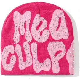 MEA Culpa Beanie Y2k Beanie Women Beanie Y2k Hat Graphic Beanie Winter Hat Knit Skull Cap Knitted Cap Y2k Accessories - Color: Rose, Size: Acrylic