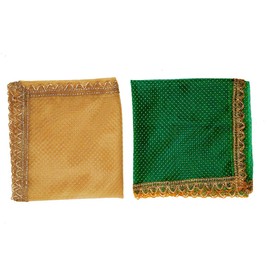 Set of 2 Decorative Cloth Pooja Asaan Mat Backdrop Large Netted Green & White Chunari (Size :- 40 Inches x 40 Inches) Puja Festival Decoration for Statue Chowki Aasan Mat Posters Frame