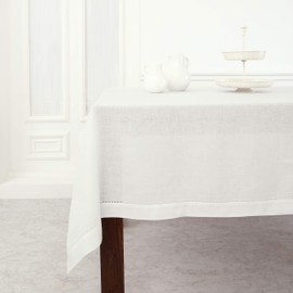 Solino Home Linen Tablecloth for Rectangle Tables 60 x 132 Inch - Classic Hemstitch 100% Pure Linen White Table Cloth - Machine Washable Cloth Tablecloth for Summer