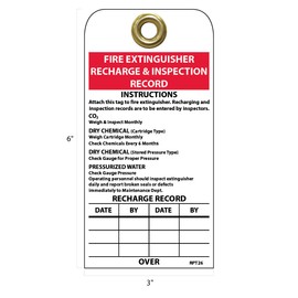 NMC RPT26G FIRE Extinguisher Recharge & Inspection Record INSTRUCTIOINS Recharge Record Tag - [Pack of 25] 3 in. x 6 in. Vinyl 2 Sided Inspection Tag