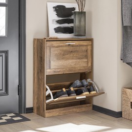 Haotian Small Shoe Storage Cabinet Entryway, Slim Shoe Rack for Small Space 2 Flip-Drawers, Shoe Organizer for Hallway Brown FSR137-F
