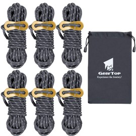 GeerTop Reflective Guy Lines / Paracord / Guide Rope / Tent Rope, With Aluminum Adjusters, Load Capacity 551.2 lb (250 kg), 0.2 inch (4 mm) x 4.4 yd (4 m), Set of 6
