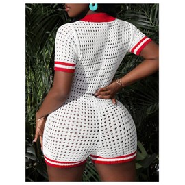 WDIRARA Women's Crochet Button Down Romper Collared Short Sleeve Unitard Color Block Shorts Bodysuit Red Medium