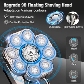 9D Electric Head Shaver for Bald Men, Upgraded 5-in-1 Head Shaver for Bald Men, Waterproof Wet/Dry Grooming Kit Electric Shaver for Men, Cordless Rechargeable Bald Head Razor for Home&Travel