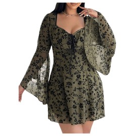 BEAUDRM Women's Plus Size Goth Dress Long Bell Sleeve Bow Tie Dresses Vintage Floral Fall Mini Dresses Party Club Outfits Army Green XX-Large Plus