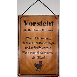 Blechschild Blechemma with cord 30 x 20 cm Vorsicht free-range chickens