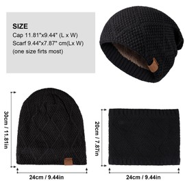 TAGVO Men's Hat Scarf Set Casual Beanie Knitted Hat Winter Hat Winter Set Knitted Beanie Wool Loop Scarf with Thick Fleece Lining, black