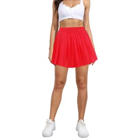 Afibi Women Short Uniform High Waist Pleated Skater Tennis Skirt with Shorts (X-Large, Red)