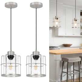 Brushed Nickel Pendant Lights Kitchen Island, Clear Glass Shade Hanging Lamp, Modern Farmhouse Pendant Light Fixtures with Adjustable Cord for Kitchen Island Decor, E26 Bulb Recommened (Nickel 2 Pack)