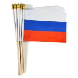 QQSD Russia Small Flag Russian Stick Mini Hand Held Flags - Solid Wooden Pole with Spear Top, 12 Pack