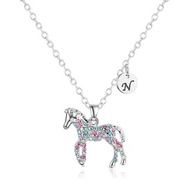 Gmhkonw Horse Necklace Gifts 26 Initial Necklace Horse Jewelry Colorful CZ Letter Initial Rainbow Horse Necklaces Jewelry Gifts for Women (N)