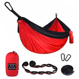 Gold Armour Hamaca de camping – Hamaca doble XL portátil hamaca accesorios de camping equipo para interiores y exteriores con correas de árbol, marca con sede en Estados Unidos (rojo y negro)
