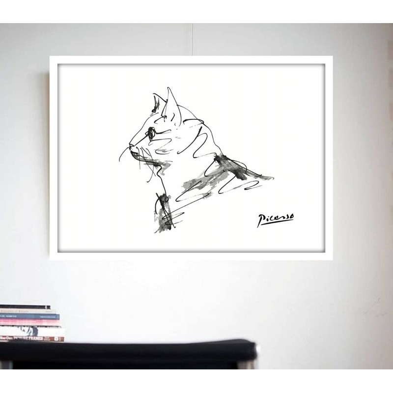 Picasso Cat Drawing Framed Poster aoipro (White Frame)
