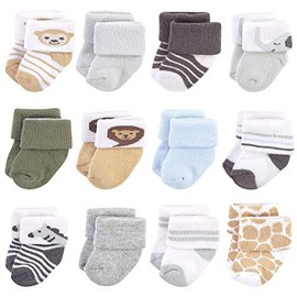 Hudson Baby Baby Girls' Cotton Rich Newborn and Terry Socks, Boy Safari, 0-3 Months
