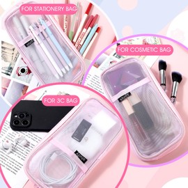 Ouligay Mesh Pencil Case Clear Pencil Case Large Pencil Case See Through Pencil Case Zip Pouch Stationery Pouch Multi-Purpose Travel School Teen Girls Stationary Bag(Pink)