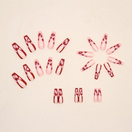 Valentine's Day Press on Nails Long Coffin Fake Nails with Pink & Red Heart Designs French Tip Nails Press ons Cute Glue on Nails Glossy Full Cover Artificial Stick on Nails for Women 24Pcs