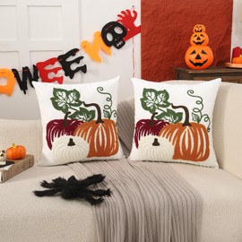 Holibeat Thanksgiving Fall Pillow Covers 18x18 inches Set of 2 Embroidered Pumpkin Throw Pillows Fall Decoration for Home (3BP)