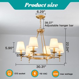 hesoge Wagon Wheel Round Chandelier Vintage Gold Ceiling Chandelier with Fabric Shade 6 Lights Drum Island Light Fixture for Dining Room Farmhouse Kitchen Living Room