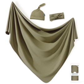 GRSSDER Newborn Swaddle Blanket, Ultra Soft Jersey Receiving Blanket with Matching Headband and Beanie Set, Stretchy Baby Swaddle 47×47", Extra Large Nursery Swaddle Wrap for Girls and Boys