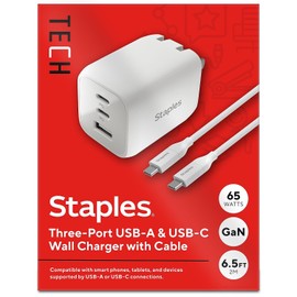 Staples TECH GaN USB-A/USB-C Wall Charger with Cable, 65W, White (ST62326)