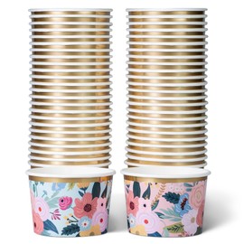 Prims & Flourish Paper Ice Cream Cups - 50-Count 9-Oz Disposable Dessert Bowls with Floral Patterns & Gold Foil