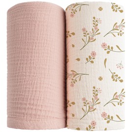 Konssy 2 Pack Muslin Swaddle Blankets for Baby Boys Girls, Receiving Blanket Large 47 x 47 inches, Soft Breathable Muslin Baby Blanket for Unisex Newborn(Pink, Floral)