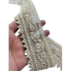 PIYUCRAFTS Mirror Pearl Zircon Flower Trim – 2.5 Inch Wide Decorative Border for Sarees, Dresses, Dupattas, Crafts | Handmade Lace | Available in 1, 3, 6 Yard (1)