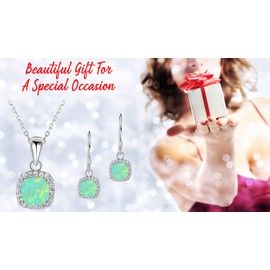 Ladies Matching Square Jewellery Set. Simulated Fire Opal and Clear Rhinestone Crystals. Necklace Pendant With Matching Drop Earrings For Women. Plus Jewellery Gift Box. (Green)