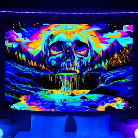 Trippy Skull Blacklight Tapestry UV Reactive, Cool Gothic Skeleton Forest Mountain Neon Black Light Art Poster For Men Room Bedroom, Funny Sublime Glow In The Dark Party Decor (60X40)