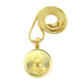NYFASHION101 Embossed Praying Hands Medal Piece 2mm 24" Box Chain Necklace, Gold-Tone